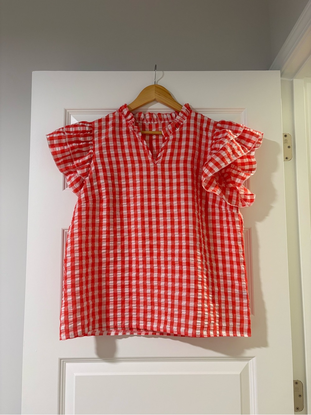Picnic Preppy Garden Party Red Cottagecore Gingham Ruffle Sleeve Blouse Size XL